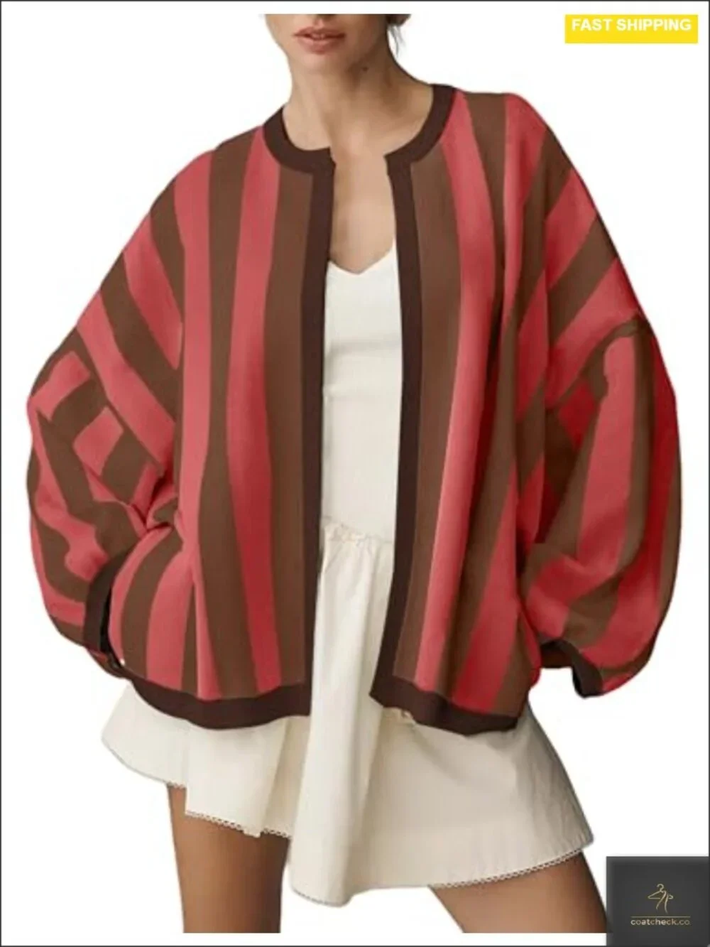 Loose Fit Striped Cardigan Long Balloon Sleeves Open Front Knit Sweater